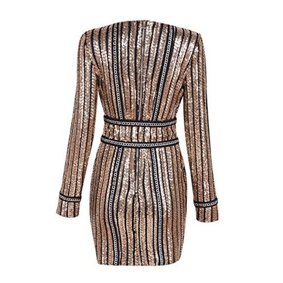 New Women's Long Sleeves Mini Bodycon Cocktail Party Dress with Sequins - Picture 4 of 5